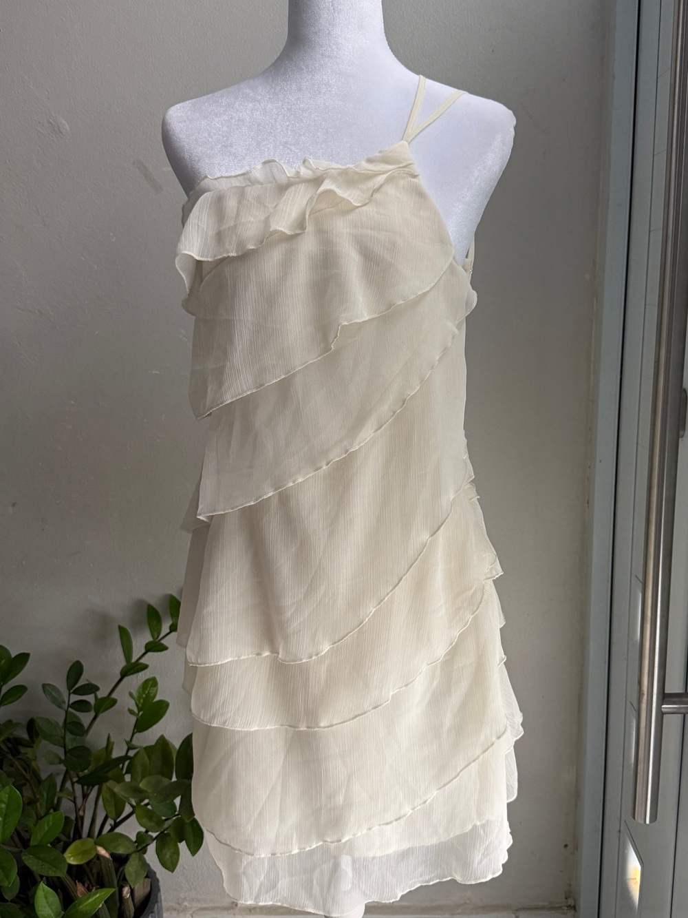 SHEIN Cream One-Shoulder Ruffle Shift Dress